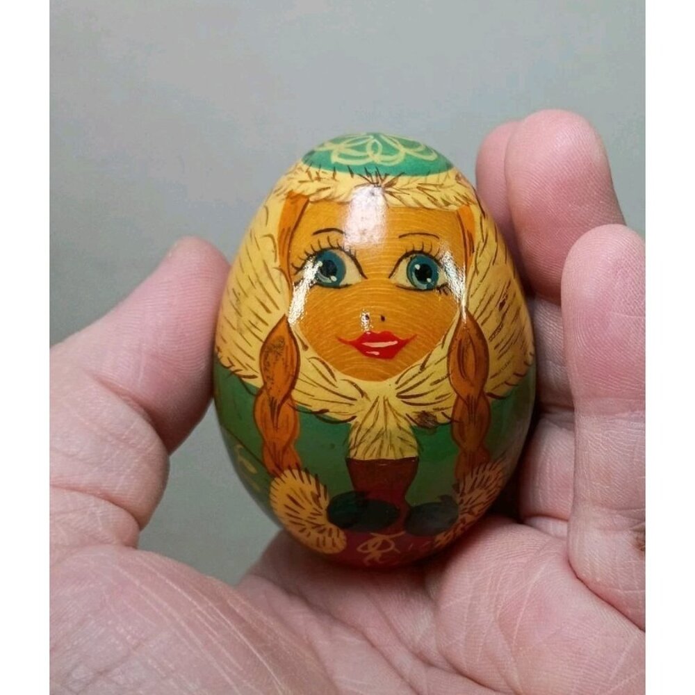 Vintage Hand Painted Russian Wooden Egg Figurine Girl